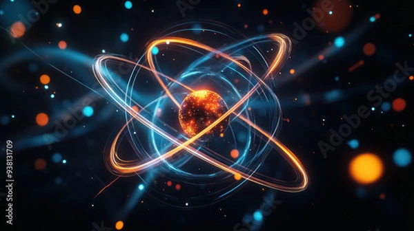 Fototapeta dynamic atom model with glowing core and swirling electrons