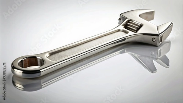 Fototapeta A solitary, silver-toned adjustable wrench lies horizontally on a clean, plain white background, its metallic surface reflecting subtle light, ready for tool-driven tasks.