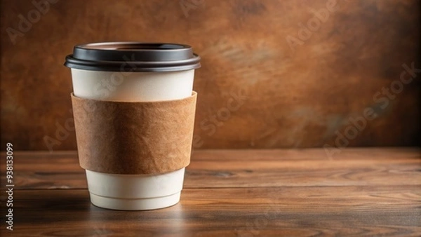 Fototapeta A solitary white disposable cup with a secure lid and a sleeve, filled with a rich dark coffee, ready to be taken on the go.