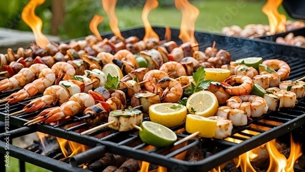 Fototapeta seafood shish kebab on the grill