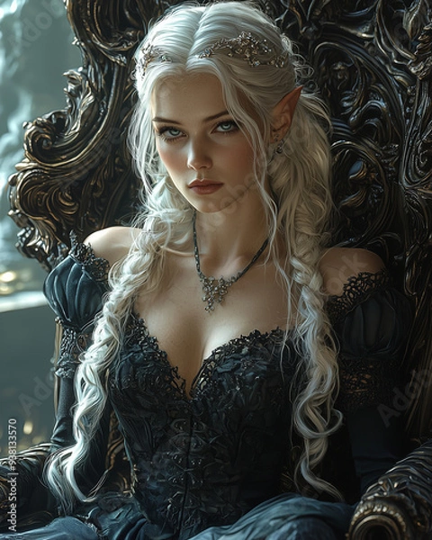 Obraz a serene elf princess with long silver hair seated on a dark ornate throne, wearing an intricately detailed black gown and a delicate silver crown, gazing peacefully