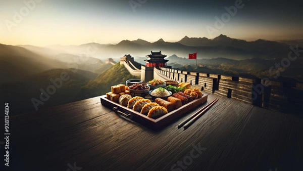 Fototapeta Experience authentic Chinese cuisine with a gourmet feast beautifully presented against the backdrop of the Great Wall. A perfect blend of cultural heritage and culinary delight 