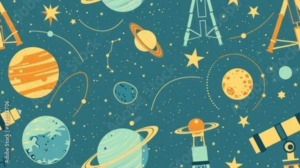 Fototapeta Colorful seamless pattern with planets, stars and telescopes. Perfect for space exploration, astronomy, and science projects.