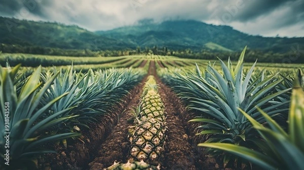 Fototapeta Lush and Verdant Pineapple Plantation with Rows of Ripe Tropical Fruit Growing in a Scenic Outdoor Agricultural Setting