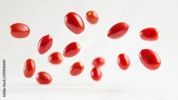 Obraz Multiple red cherry tomatoes falling against a white background.