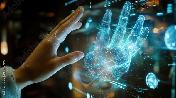 Obraz A person interacts with AI-generated holographic characters using a high-tech entertainment system in a virtual reality environment, where real and digital worlds blend seamlessly.

