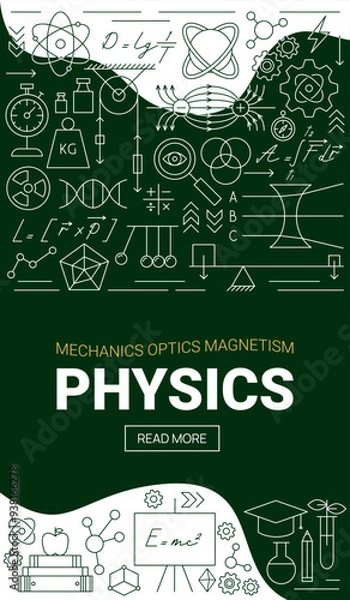 Fototapeta Line Flyer Physics Science. Vector Illustration of Education Outline Concept. Linear Laboratory Subject Sign Background.
