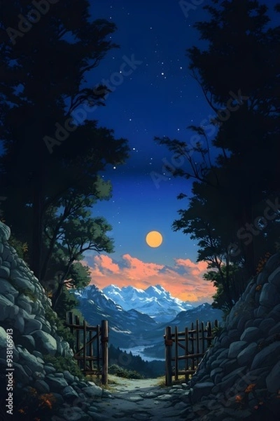 Fototapeta Starry Night in Forest with Wooden Gate, Pathway Leading to Mountains at Sunset, Tranquil Scenic Landscape