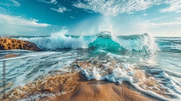 Fototapeta A crystal-clear ocean wave rolling onto a rocky shore.