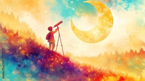 Fototapeta A young boy gazes through a telescope at a large, glowing moon.