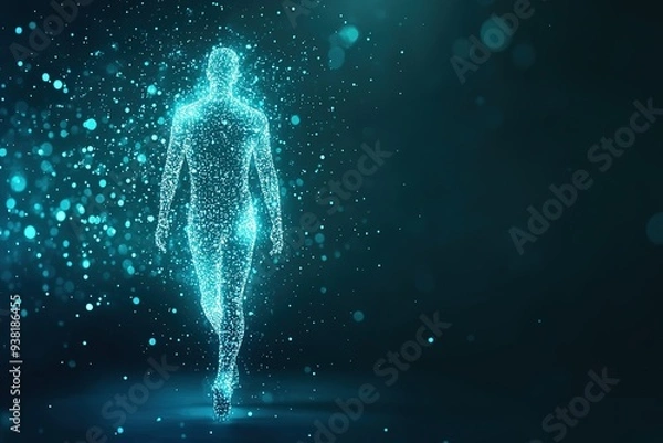 Fototapeta Glowing digital human form with particles on blue.