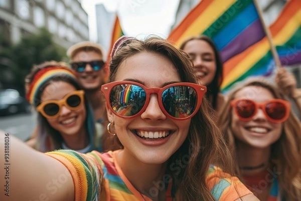 Fototapeta Portrait of a group happy young people with colorful lgbt flags, gay pride month concept