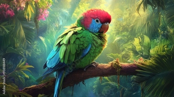Fototapeta A colorful parrot is perched on a branch in a lush green junglese of life