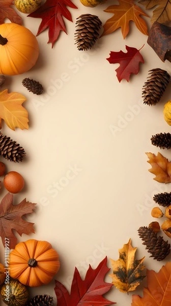 Obraz A frame featuring autumn leaves, pumpkins, cones, and additional leaves on a beige background.
