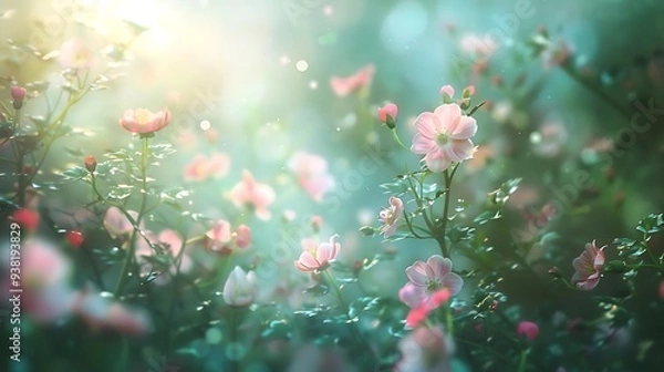 Fototapeta A serene garden scene filled with delicate pink flowers and soft sunlight, creating a tranquil atmosphere.