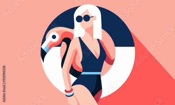 Obraz The concept of a summer party, vacation and travel. Vector illustration in a minimalistic style. A beautiful woman with a circle and a flamingo. A flat illustration.