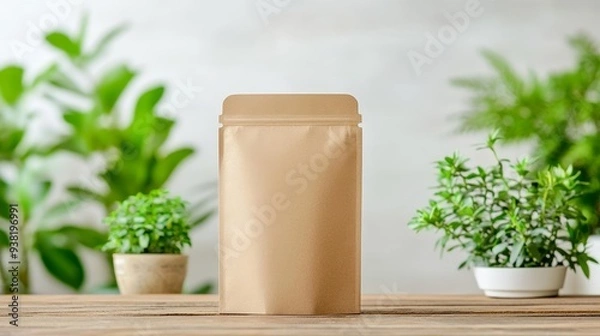 Fototapeta Brown paper pouch standing on a rustic table, cozy natural light ambiance, subtle green plants in the background