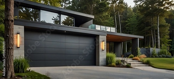 Fototapeta lake side house with sleek garage lakeside background
