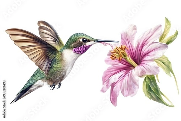 Fototapeta Bee Hummingbird Sucking Nectar from Flower, on White Background, Realistic Photo, Standard Background, Wallpaper, Cover and Screen of Smartphone, Cell Phone, Computer, Laptop, 9:16 and 16:9 Format