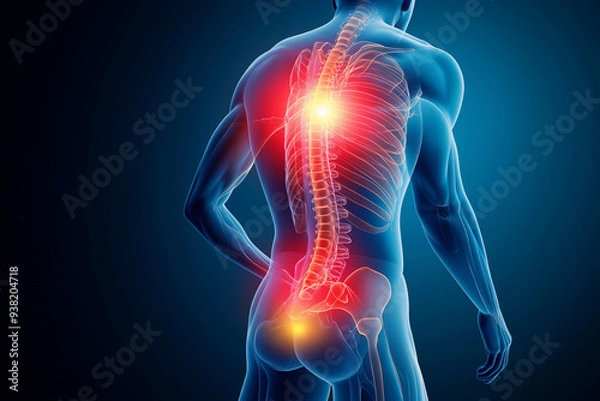 Obraz An x-ray of the human body with a highlighted back pain area, on a blue background