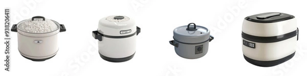 Obraz A collection of modern rice cookers showcasing various designs and sizes for diverse culinary needs.