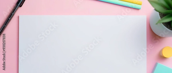 Obraz mock up, flat lay paper notebook on pink background, workspace concept. Top view, banner, with copy space