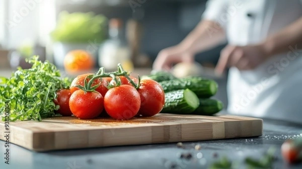 Fototapeta Gourmet food scene with juicy cherry tomatoes among fresh vegetables on a chef's prep table, ready for slicing.
