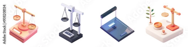 Fototapeta An illustration of balance scales representing justice, equality, and decision-making in various styles and colors.