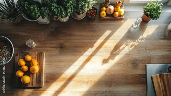 Fototapeta Top View of Modern Kitchen Interior with Empty Table Space