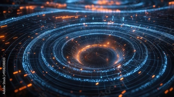 Fototapeta Futuristic quantum ripples with glowing, concentric waves and a digital grid overlay, evoking a high-tech feel.