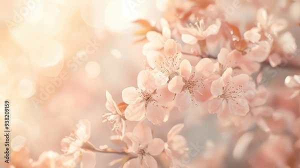 Fototapeta Fading floral blossoms in gentle pink and cream tones, blending into a serene, blurred backdrop.