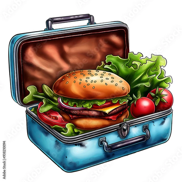 Fototapeta Vintage blue metallic lunchbox. Juicy burger and lettuce with tomatoes 