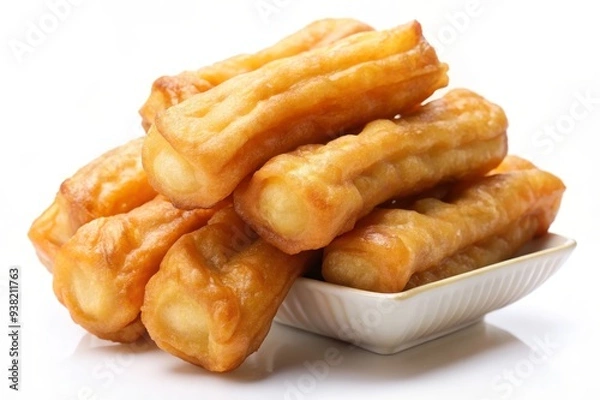 Fototapeta A close-up image of crispy Chinese dough sticks, known as Youtiao, served in a white ceramic bowl. The golden-brown sticks are stacked, showcasing their texture and inviting appearance. The image symb