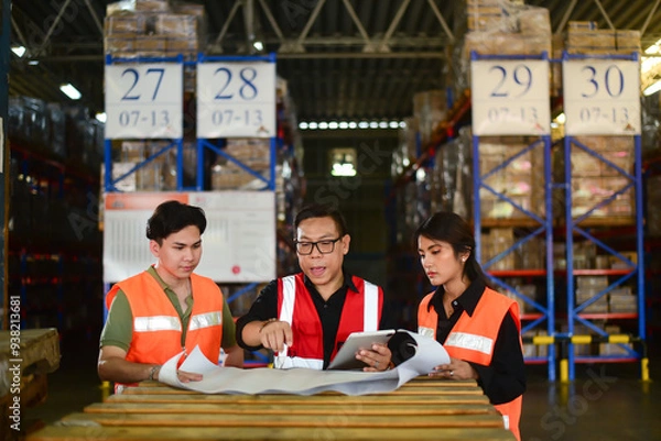 Obraz Asian male warehouse manager is holding a team meeting, assigning tasks to male and female workers in sorting area to ensure that products are delivered to customers in a accurate manner on schedule.