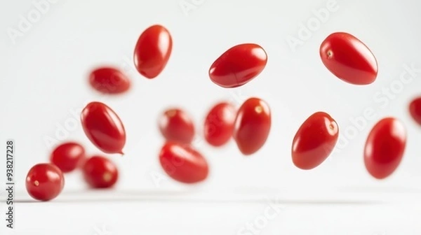 Obraz A group of fresh red cherry tomatoes are falling in mid-air on a white background.