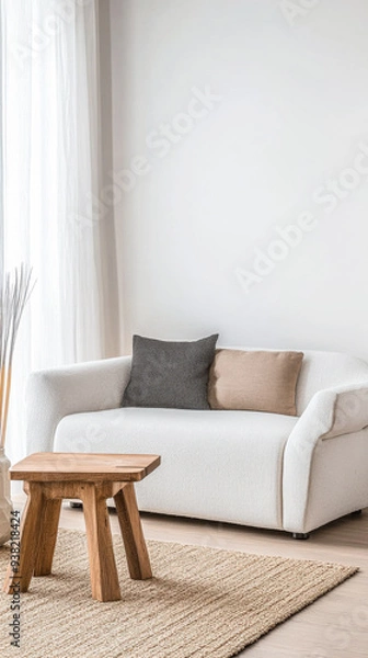 Obraz Scandinavian minimalist living room interiors with natural elements together with neutral colors and lighting