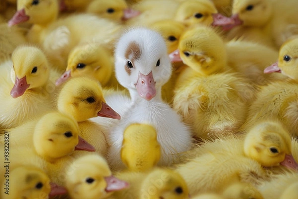 Fototapeta One different duckling among a group of yellow ducklings	
