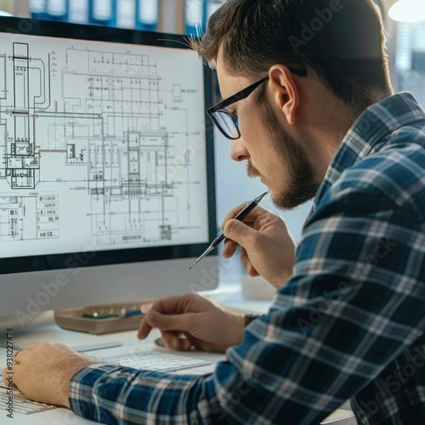 Fototapeta Engineer Analyzing Blueprint