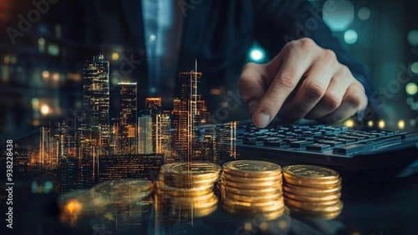 Fototapeta double exposure of businessman working with calculator at office with step of golden coins and city night