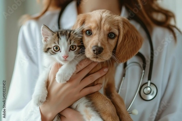 Fototapeta The veterinarian holds a puppy or kitten pet for treatment