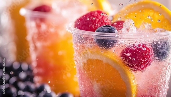Obraz Refreshing Fruit Drinks with Ice Cubes and Water Droplets. AI generated illustration