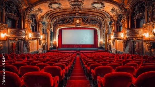 Fototapeta Rows of plush red velvet seats fill the opulent theater, directing attention to the large screen at the front, setting the perfect stage for an unforgettable viewing experience