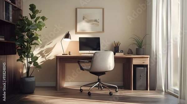 Fototapeta Chic home office with a sleek desk, an ergonomic chair, and a minimalistic desk lamp.