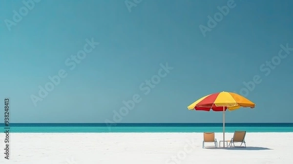 Fototapeta Minimalist setup of a colorful beach umbrella and two chairs on an empty beach, with white sand and clear skies.
