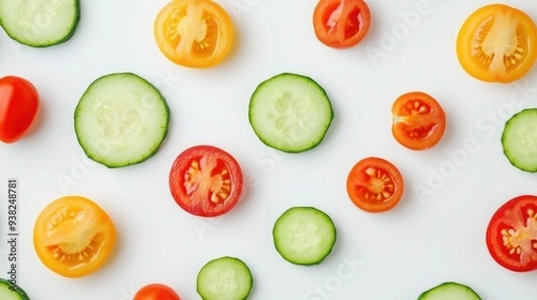 Obraz Minimalistic display of sliced cucumber, cherry tomatoes, and bell peppers on a clean, white backdrop.