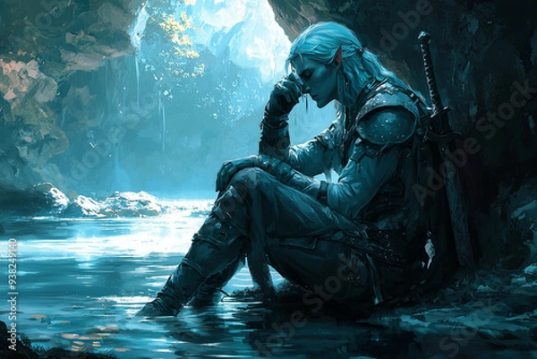 Fototapeta contemplative elf warrior resting by serene water in a secluded cave