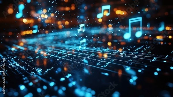 Fototapeta Digital landscape with glowing blue music notes floating among data streams.