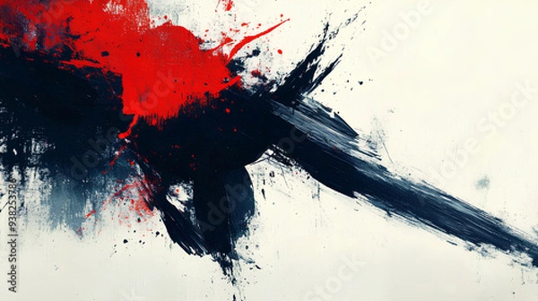 Fototapeta Abstract brush strokes of a black and red sword against a white background,