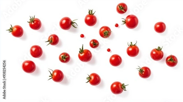 Fototapeta Scattered red cherry tomatoes on a white background, viewed from above.