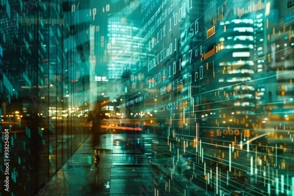 Fototapeta city street with lot of buildings and lights, futuristic interpretation of financial datbeing analyzed by AI algorithms